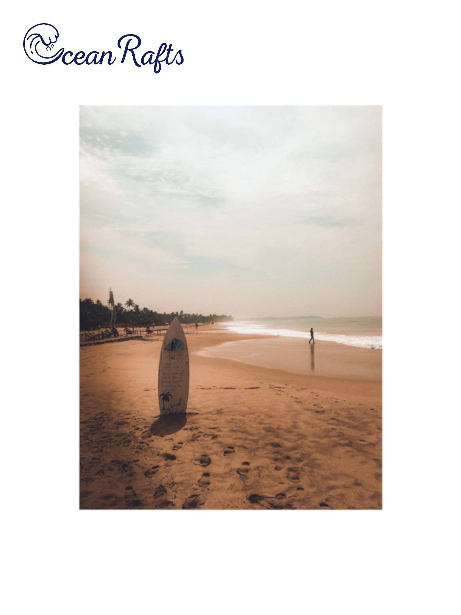 Surboard Solace Poster with an image of a surfboard standing up in the sand on the beach with an orange sunset cheap and affordable new free delivery from $30 canvas poster home decor beach theme style | Ocean Rafts