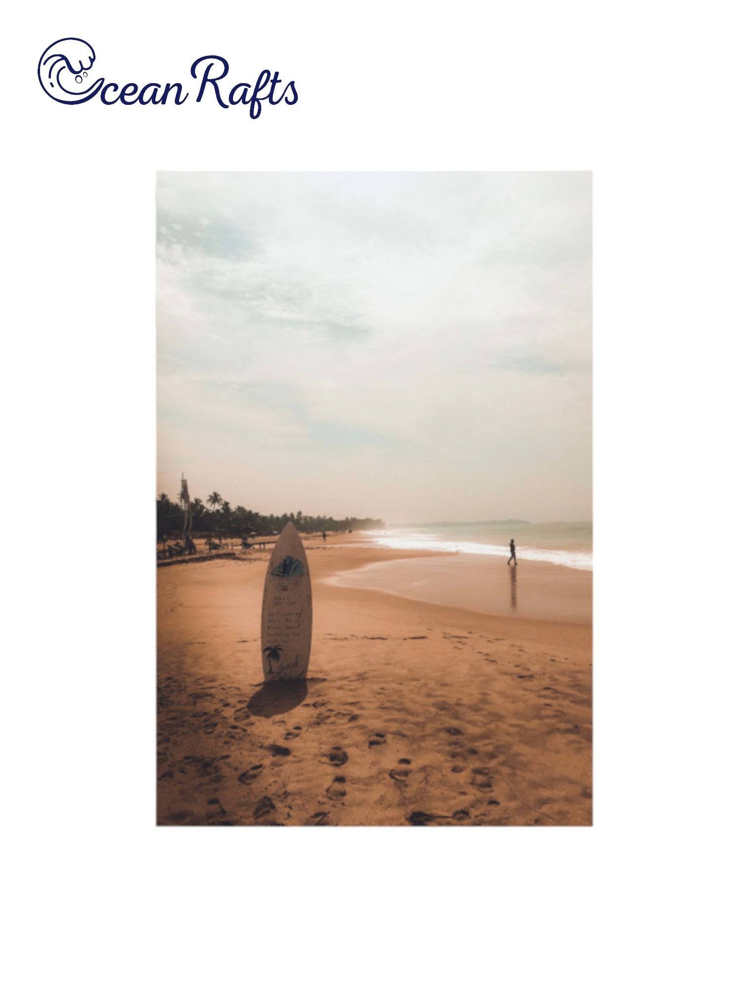 Surboard Solace Poster with an image of a surfboard standing up in the sand on the beach with an orange sunset cheap and affordable new free delivery from $30 canvas poster home decor beach theme style | Ocean Rafts