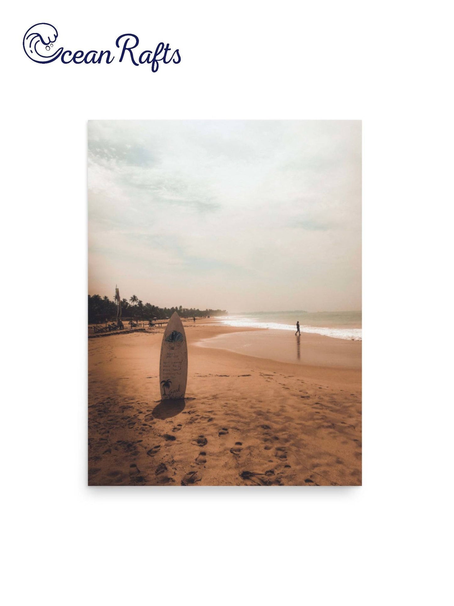 Surboard Solace Poster with an image of a surfboard standing up in the sand on the beach with an orange sunset cheap and affordable new free delivery from $30 canvas poster home decor beach theme style | Ocean Rafts