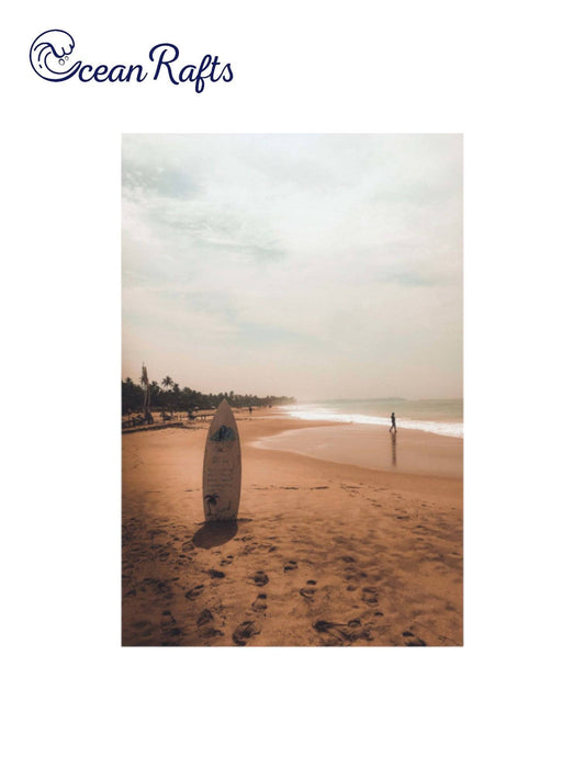 Surboard Solace Poster with an image of a surfboard standing up in the sand on the beach with an orange sunset cheap and affordable new free delivery from $30 canvas poster home decor beach theme style | Ocean Rafts