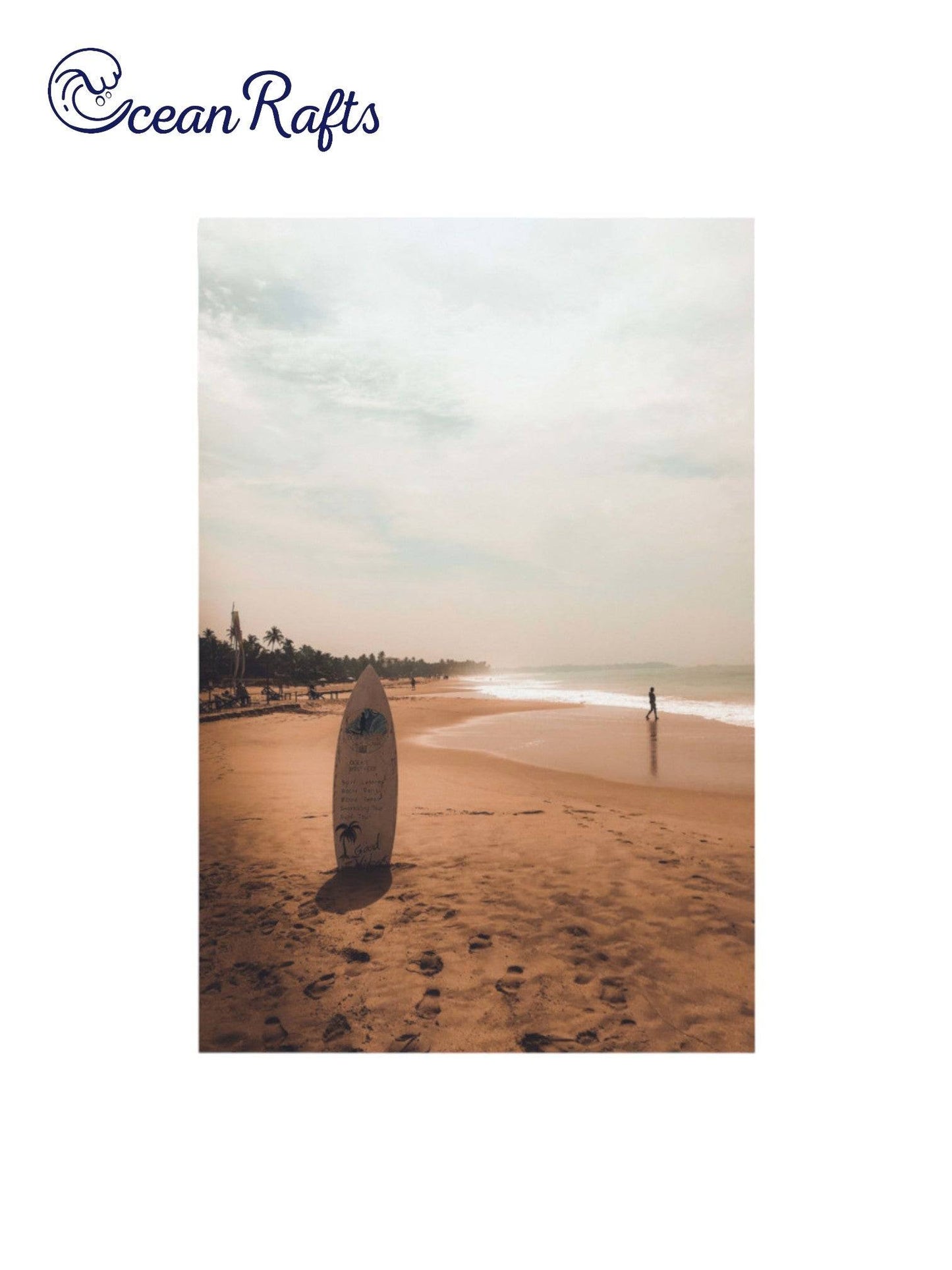 Surboard Solace Poster with an image of a surfboard standing up in the sand on the beach with an orange sunset cheap and affordable new free delivery from $30 canvas poster home decor beach theme style | Ocean Rafts