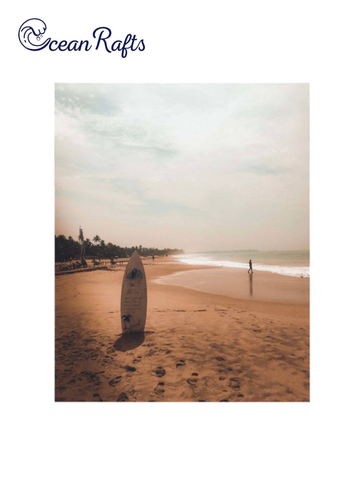 Surboard Solace Poster with an image of a surfboard standing up in the sand on the beach with an orange sunset cheap and affordable new free delivery from $30 canvas poster home decor beach theme style | Ocean Rafts