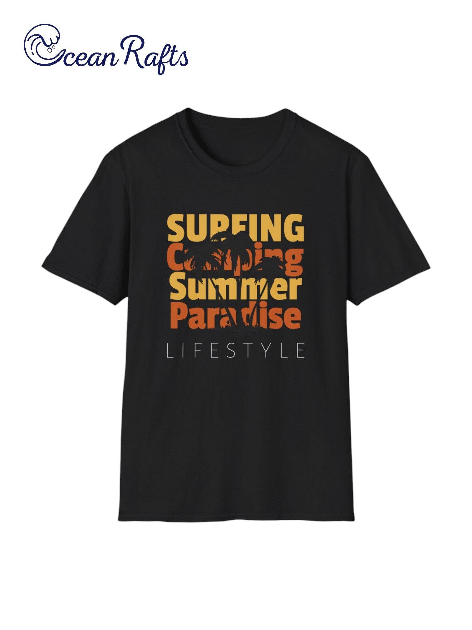 front of black Surfing camping and summer paradise text and graphic t shirt with a palm tree throughout the text - Orange and yellow text - Leightweight casual wear surf and skate beach new free delivery cheap $40 cotton and polyester | Ocean Rafts