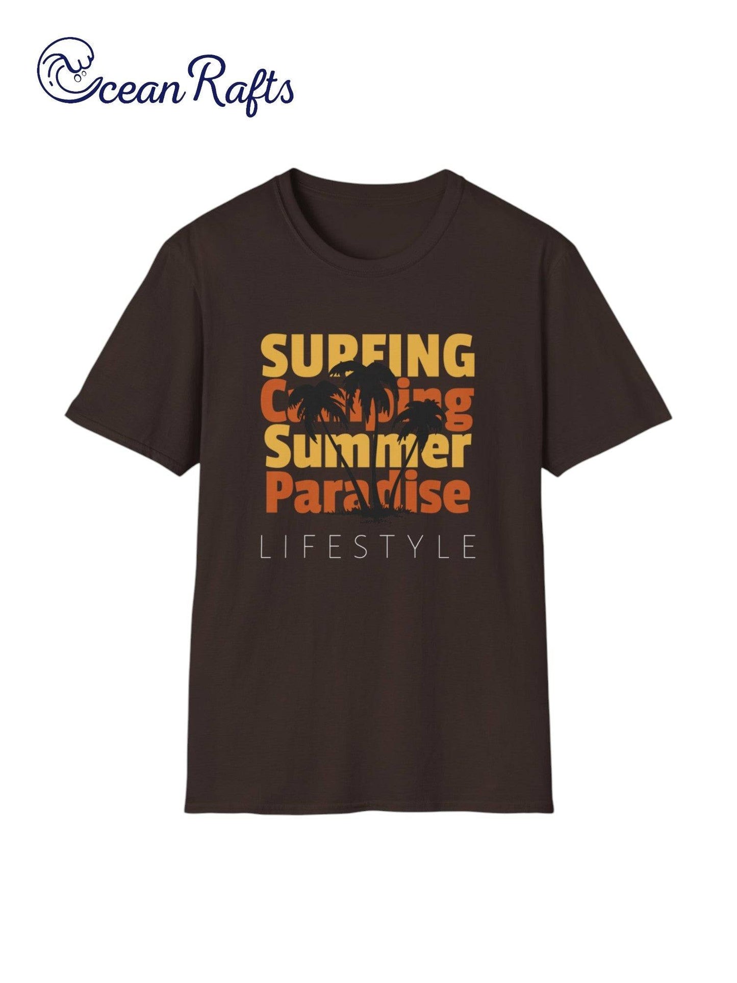 front of brown Surfing camping and summer paradise text and graphic t shirt with a palm tree throughout the text - Orange and yellow text - Leightweight casual wear surf and skate beach new free delivery cheap $40 cotton and polyester | Ocean Rafts