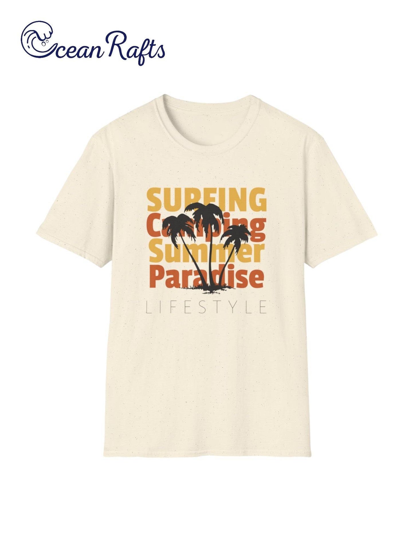 front of cream pale yellow Surfing camping and summer paradise text and graphic t shirt with a palm tree throughout the text - Orange and yellow text - Leightweight casual wear surf and skate beach new free delivery cheap $40 cotton and polyester | Ocean Rafts