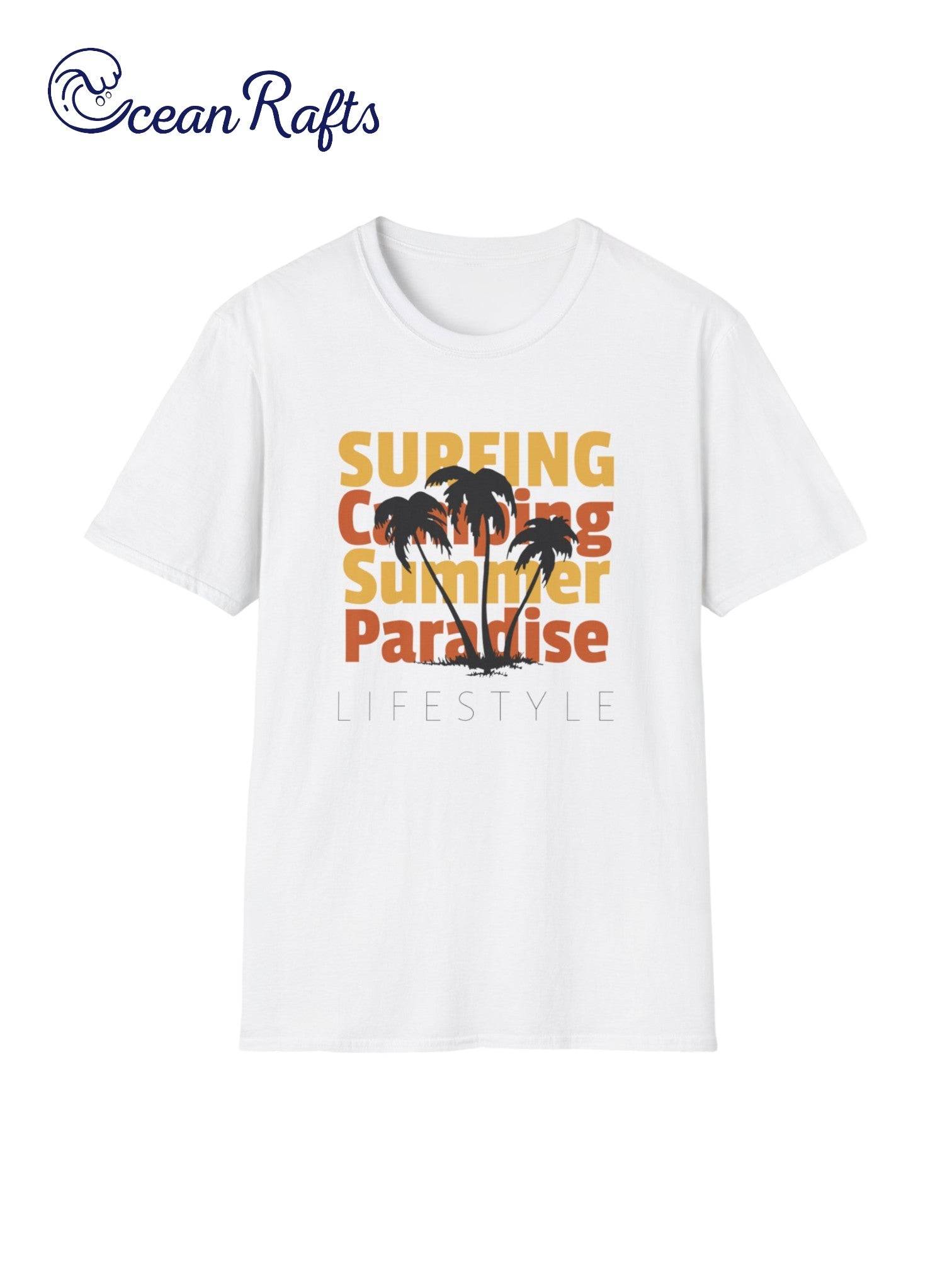 front of white Surfing camping and summer paradise text and graphic t shirt with a palm tree throughout the text - Orange and yellow text - Leightweight casual wear surf and skate beach new free delivery cheap $40 cotton and polyester | Ocean Rafts