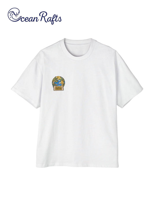 solid white shirt with skeleton and surfing paradise graphic on front side | Ocean Rafts