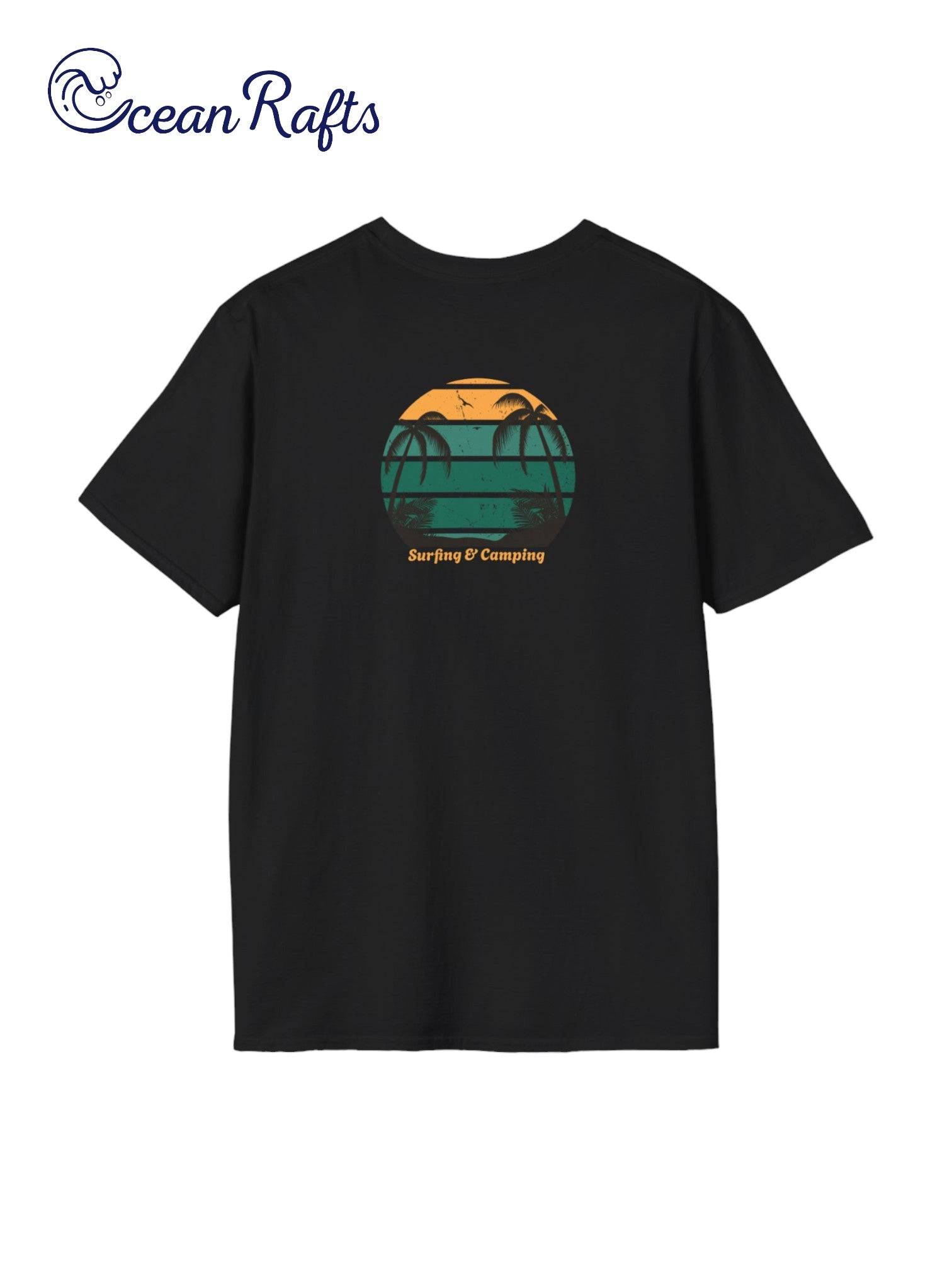 back of solid black regular fit leightweight shirt for men and women with surfboard palm trees and beach graphics back and front with surfing and camping and ocean rafts text $40 free delivery cheap | Ocean Rafts