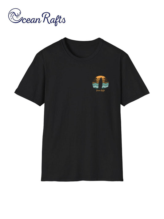 solid black regular fit leightweight shirt for men and women with surfboard palm trees and beach graphics back and front with surfing and camping and ocean rafts text $40 free delivery cheap | Ocean Rafts