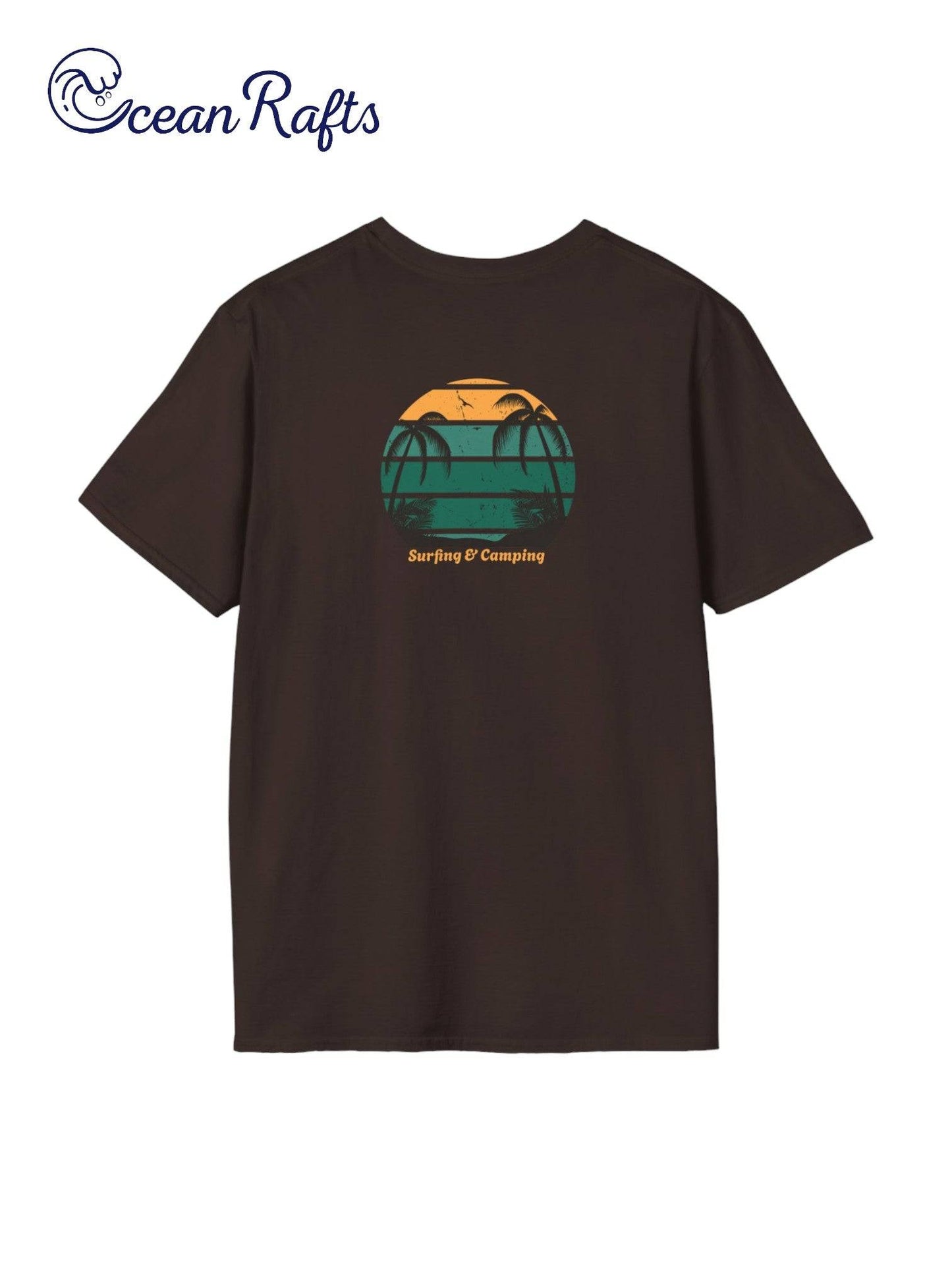 back of solid brown regular fit leightweight shirt for men and women with surfboard palm trees and beach graphics back and front with surfing and camping and ocean rafts text $40 free delivery cheap | Ocean Rafts