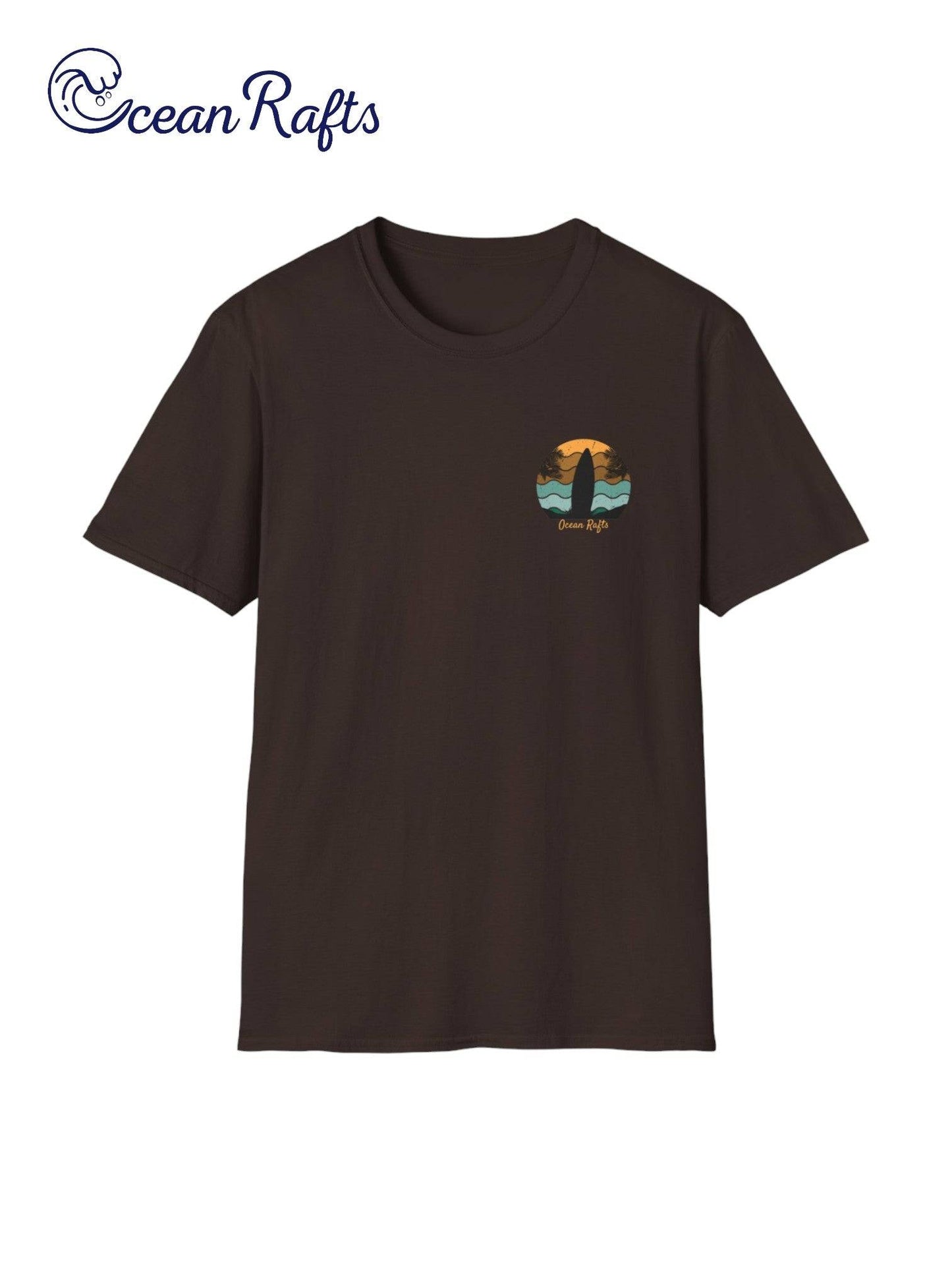 solid brown regular fit leightweight shirt for men and women with surfboard palm trees and beach graphics back and front with surfing and camping and ocean rafts text $40 free delivery cheap | Ocean Rafts