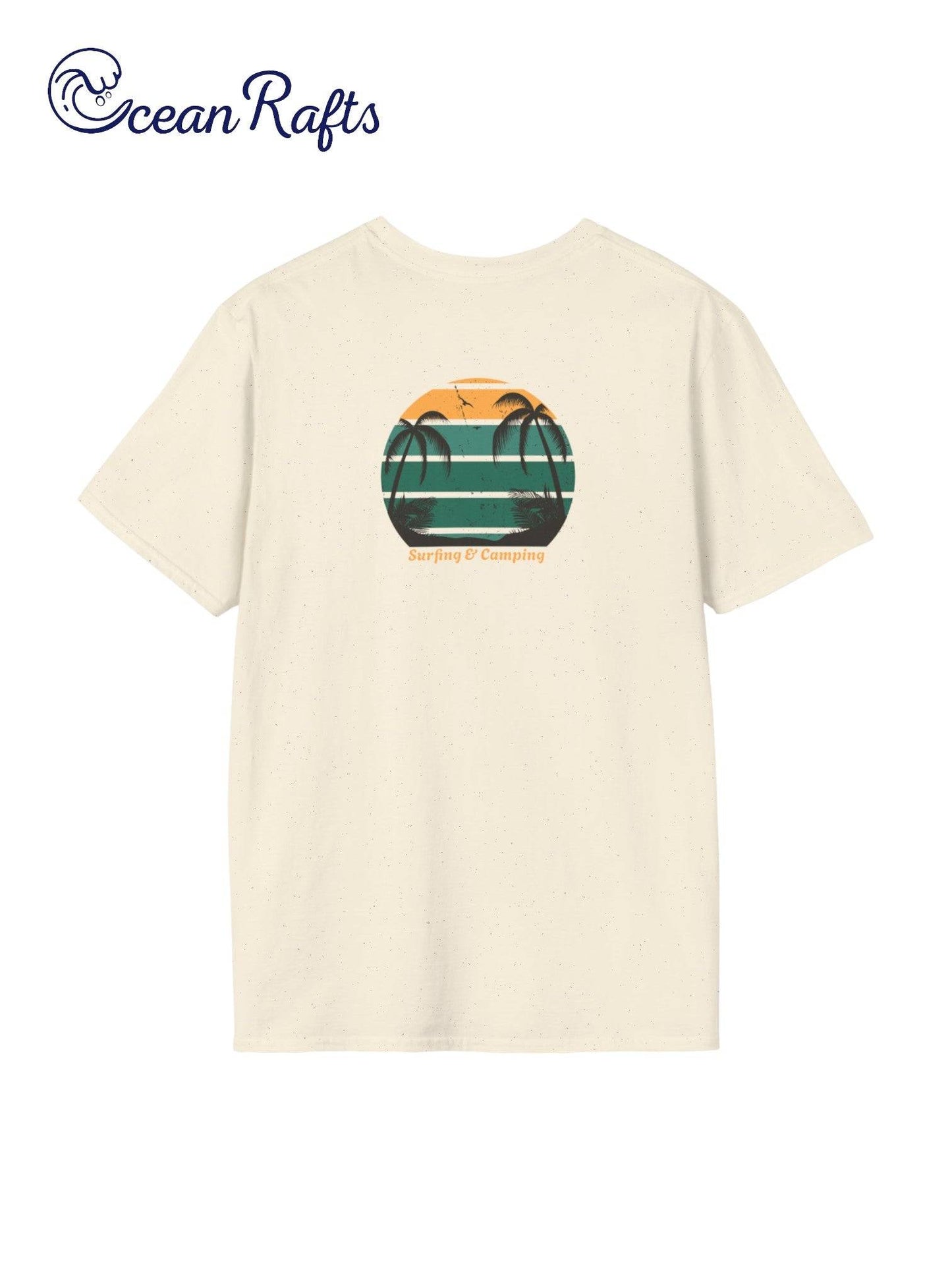 back of cream pale white regular fit leightweight shirt for men and women with surfboard palm trees and beach graphics back and front with surfing and camping and ocean rafts text $40 free delivery cheap | Ocean Rafts