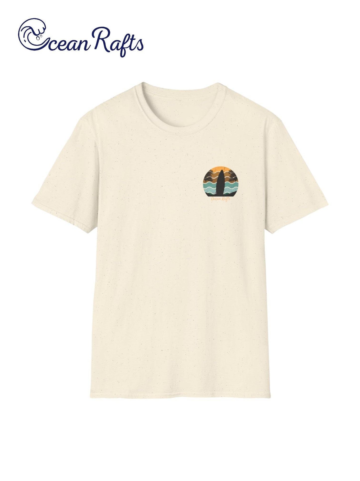 front of cream pale white regular fit leightweight shirt for men and women with surfboard palm trees and beach graphics back and front with surfing and camping and ocean rafts text $40 free delivery cheap | Ocean Rafts