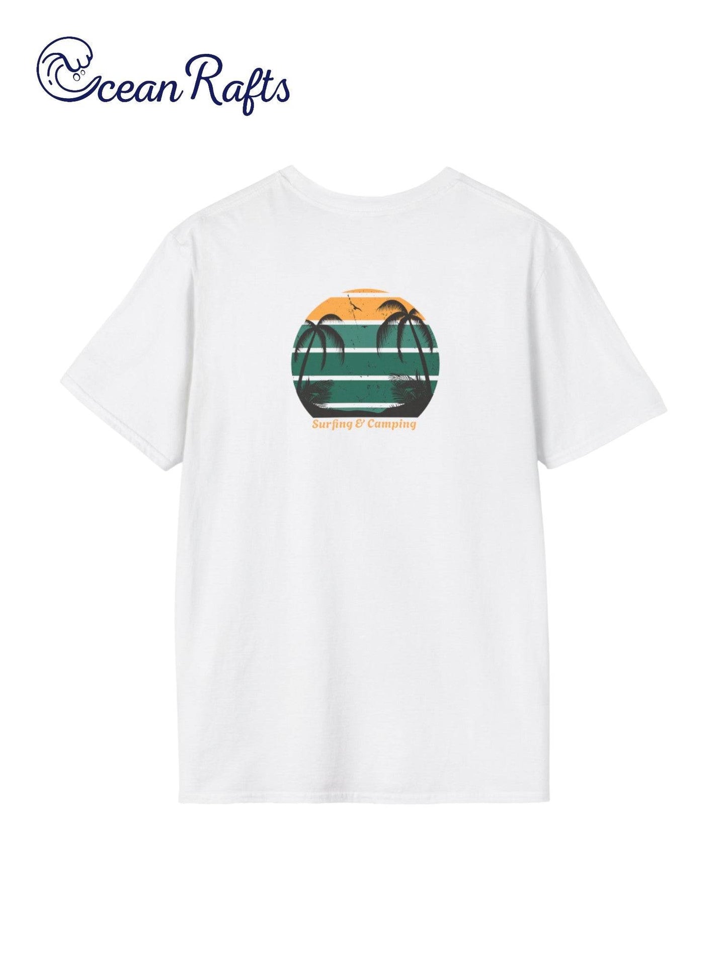 back of solid white regular fit leightweight shirt for men and women with surfboard palm trees and beach graphics back and front with surfing and camping and ocean rafts text $40 free delivery cheap | Ocean Rafts