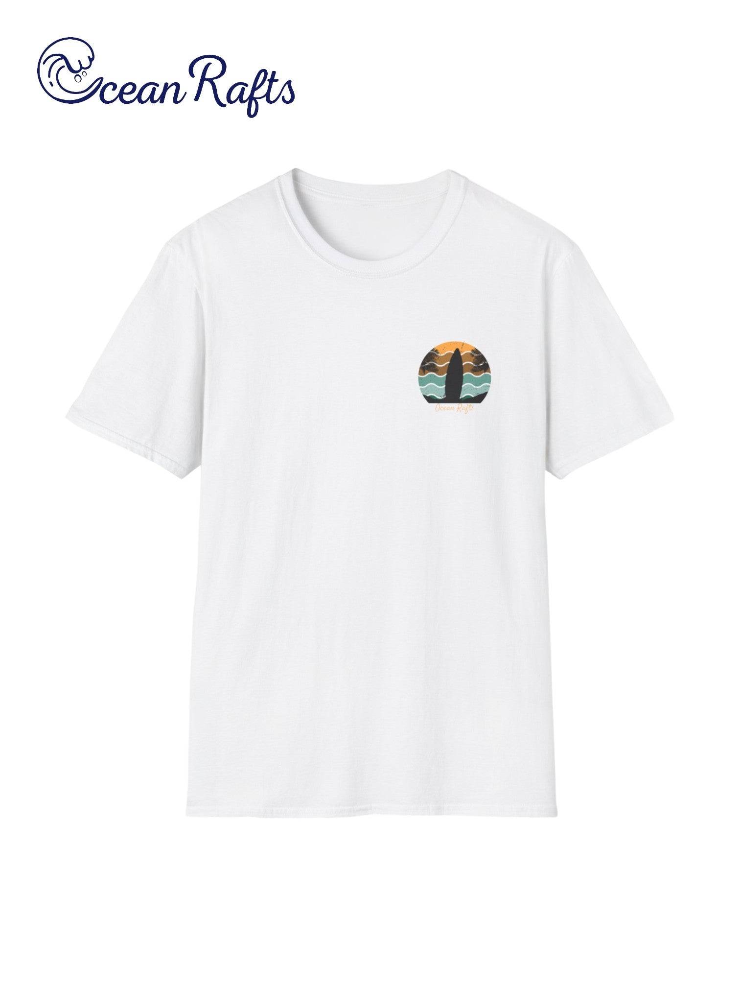 solid white regular fit leightweight shirt for men and women with surfboard palm trees and beach graphics back and front with surfing and camping and ocean rafts text $40 free delivery cheap | Ocean Rafts