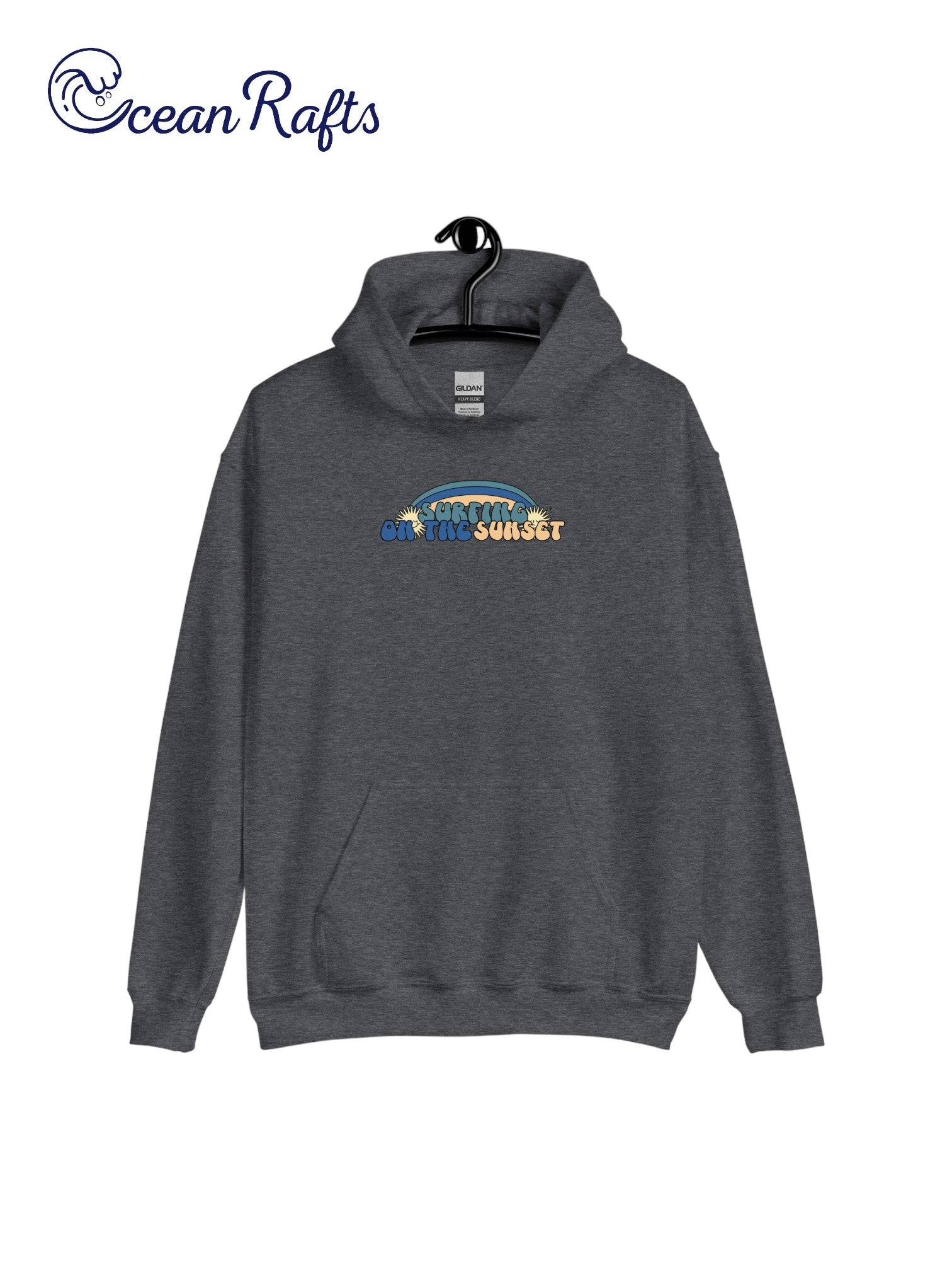 grey hoodie with surfing on the sunset graphic | Ocean Rafts