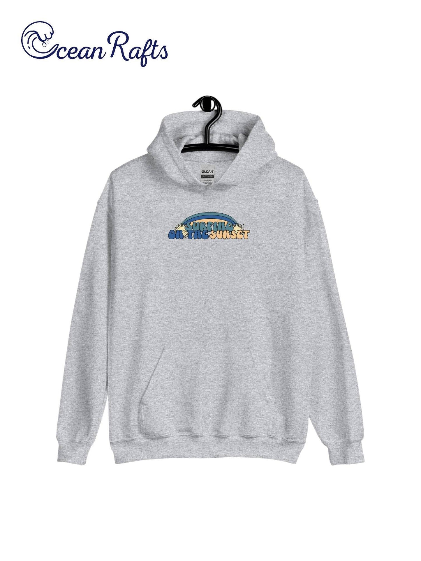 grey hoodie with surfing on the sunset graphic | Ocean Rafts