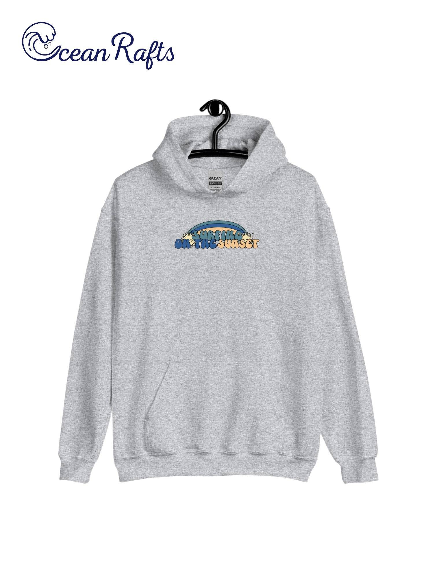 grey hoodie with surfing on the sunset graphic | Ocean Rafts