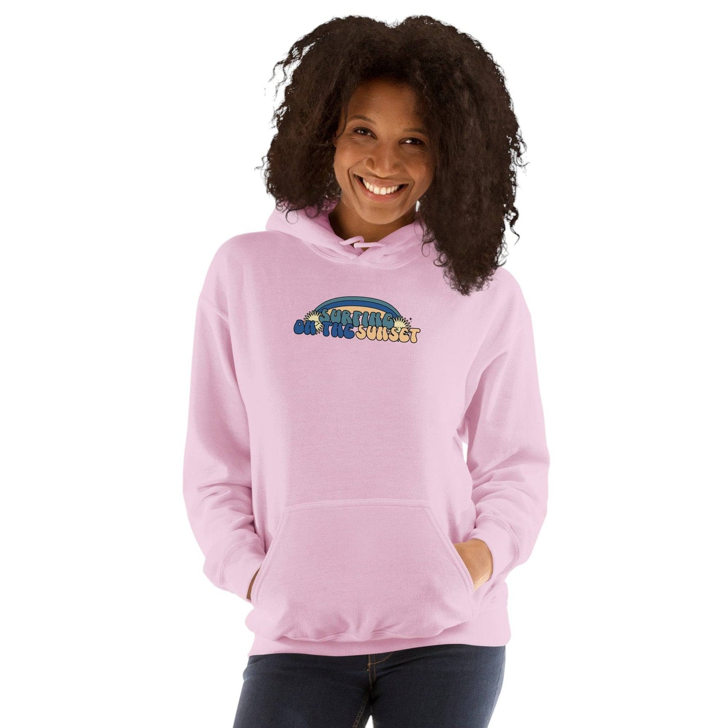 lady wearing pinking hoodie with surfing on the sunset graphic | Ocean Rafts