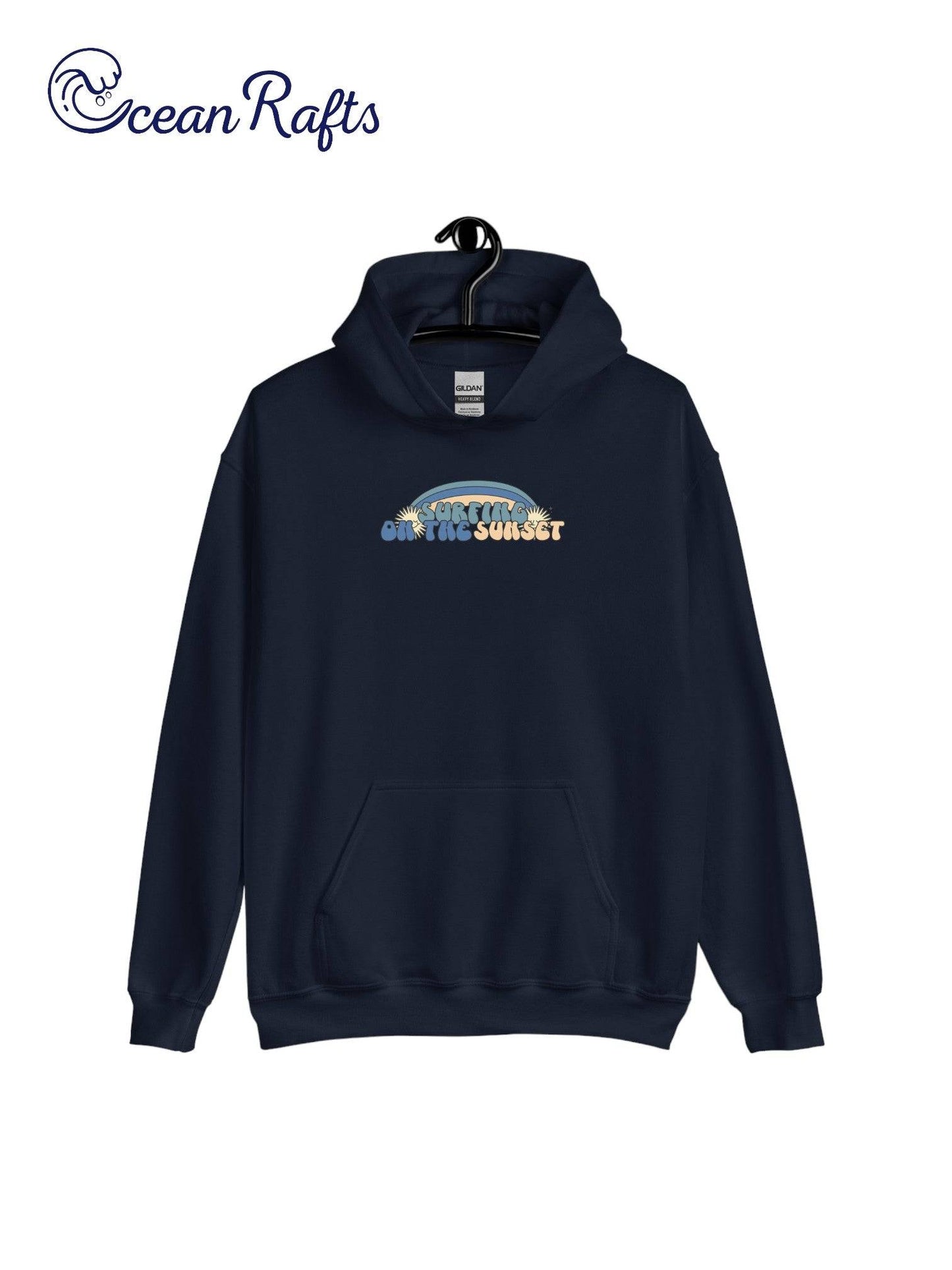 navy blue hoodie with surfing on the sunset graphic | Ocean Rafts