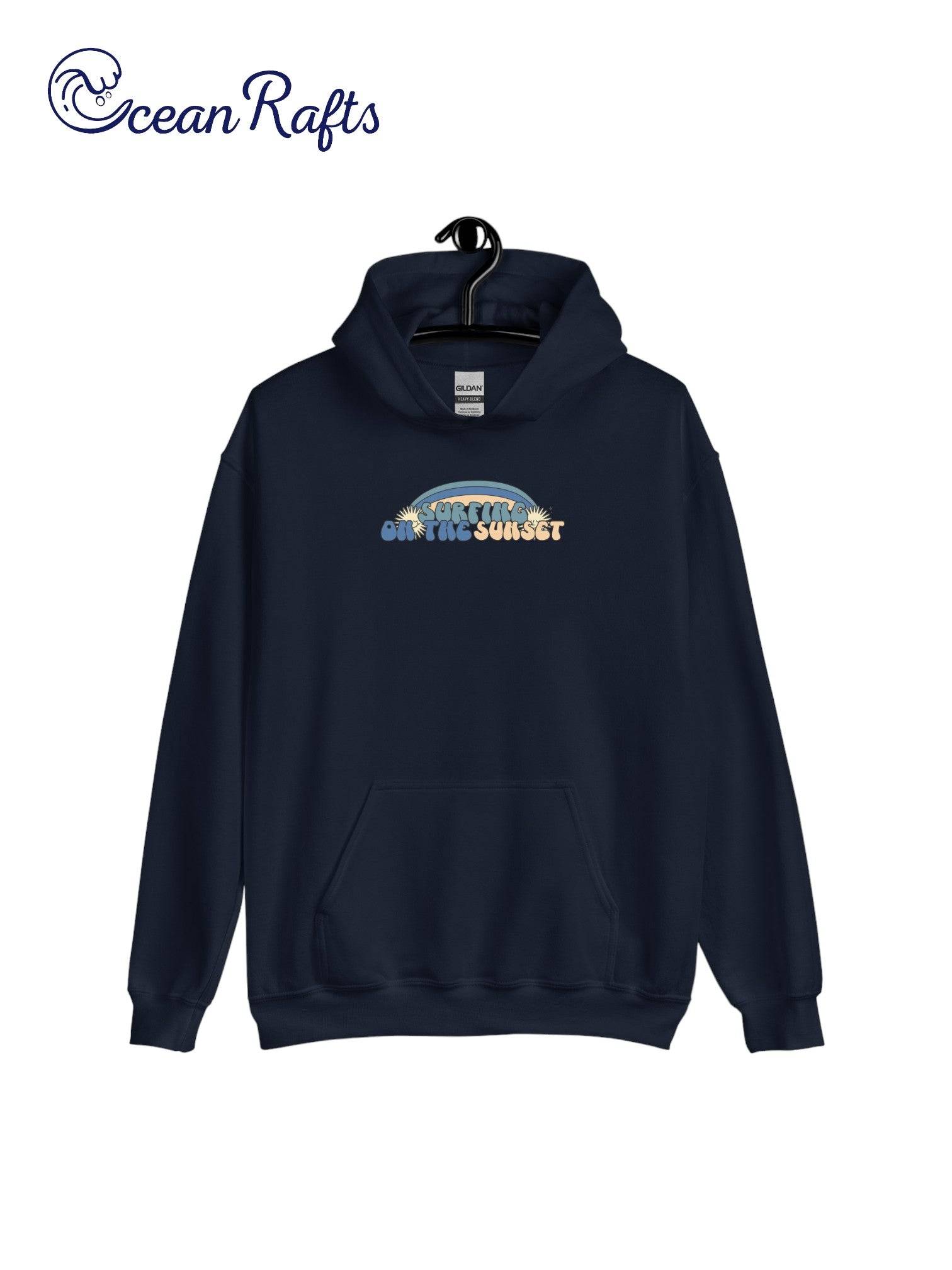 navy blue hoodie with surfing on the sunset graphic | Ocean Rafts