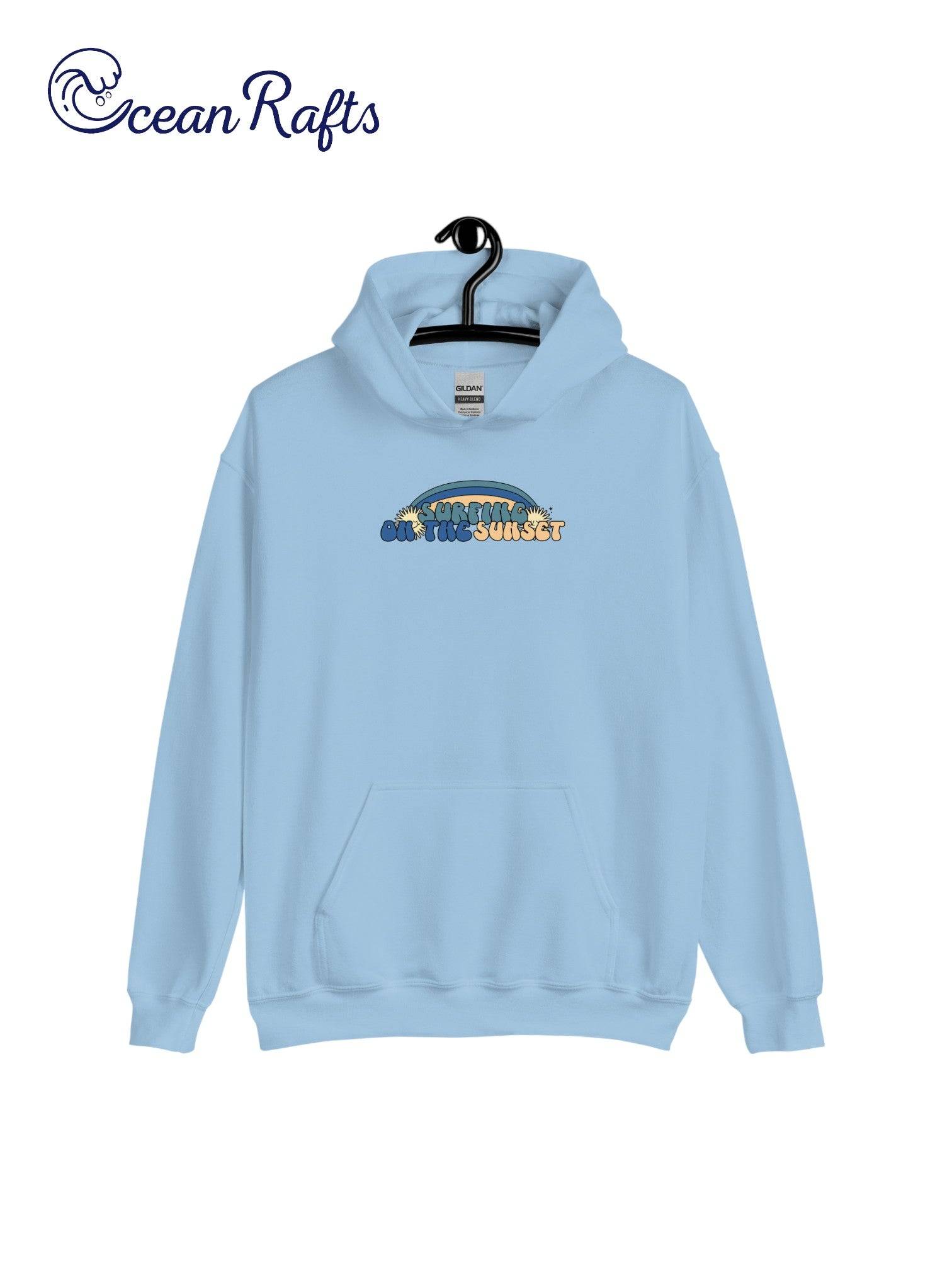 teal blue jumper with surfing on the sunset graphic | Ocean Rafts