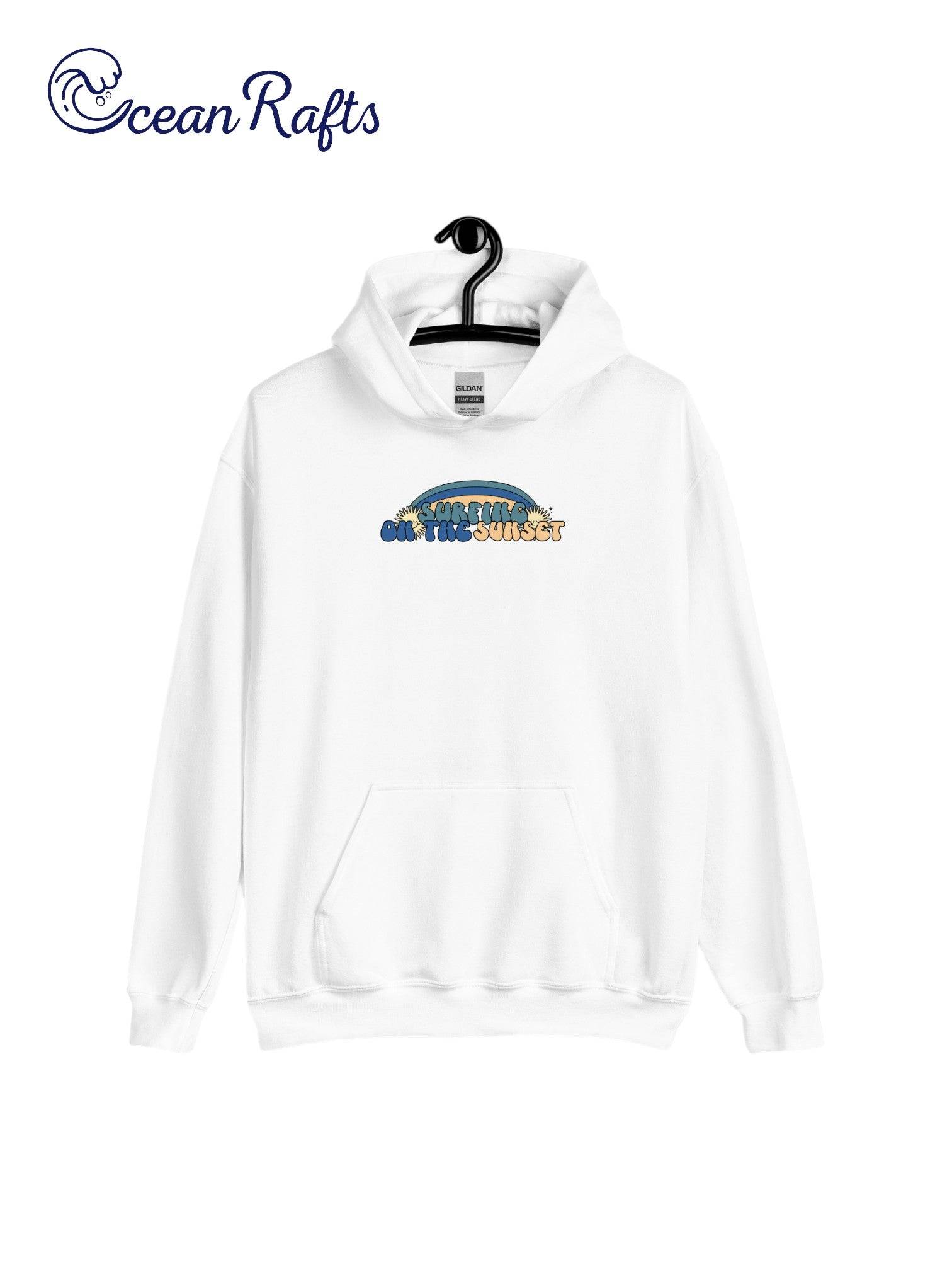 white hoodie with surfing on the sunset graphic | Ocean Rafts