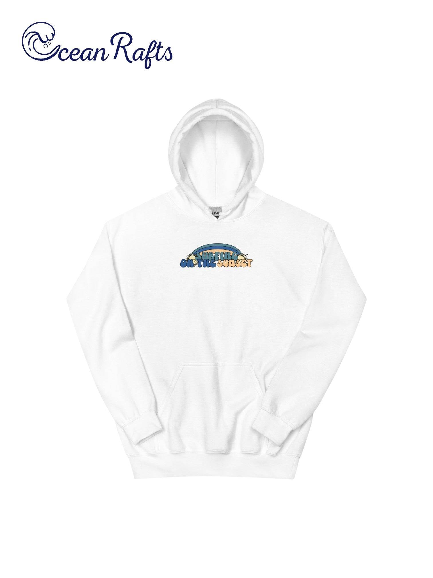 front of a white hoodie with surfing on the sunset graphic | Ocean Rafts