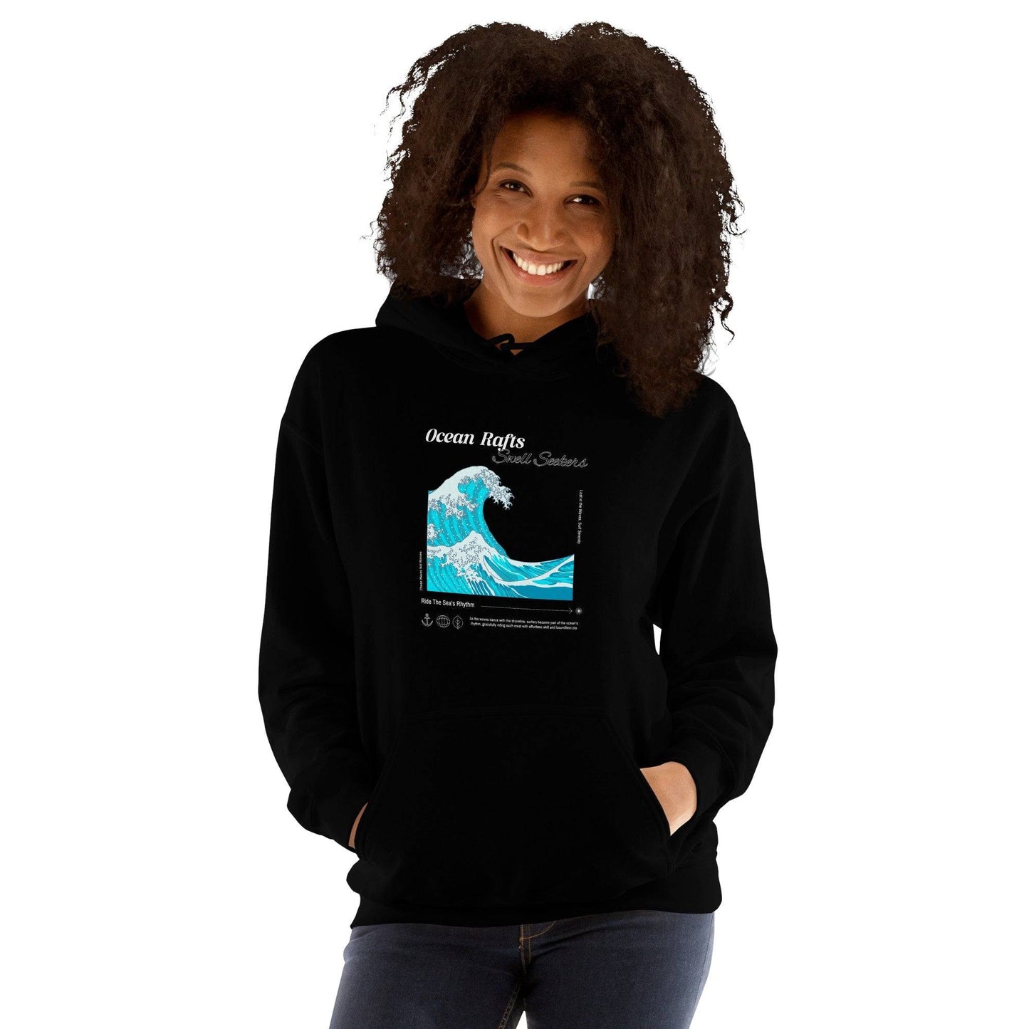 a woman wearing a black hoodie with a picture of a wave on it | Ocean Rafts