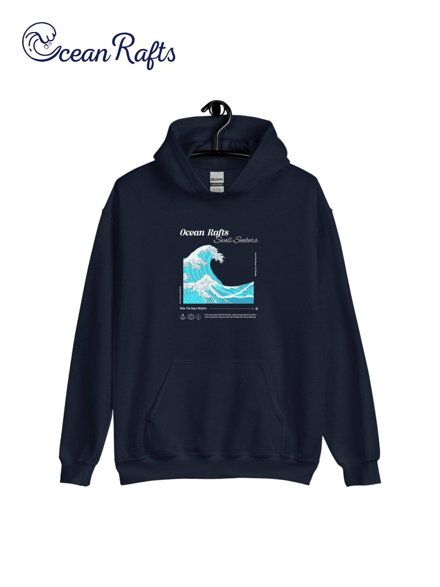 a blue hoodie with a picture of a wave on it | Ocean Rafts