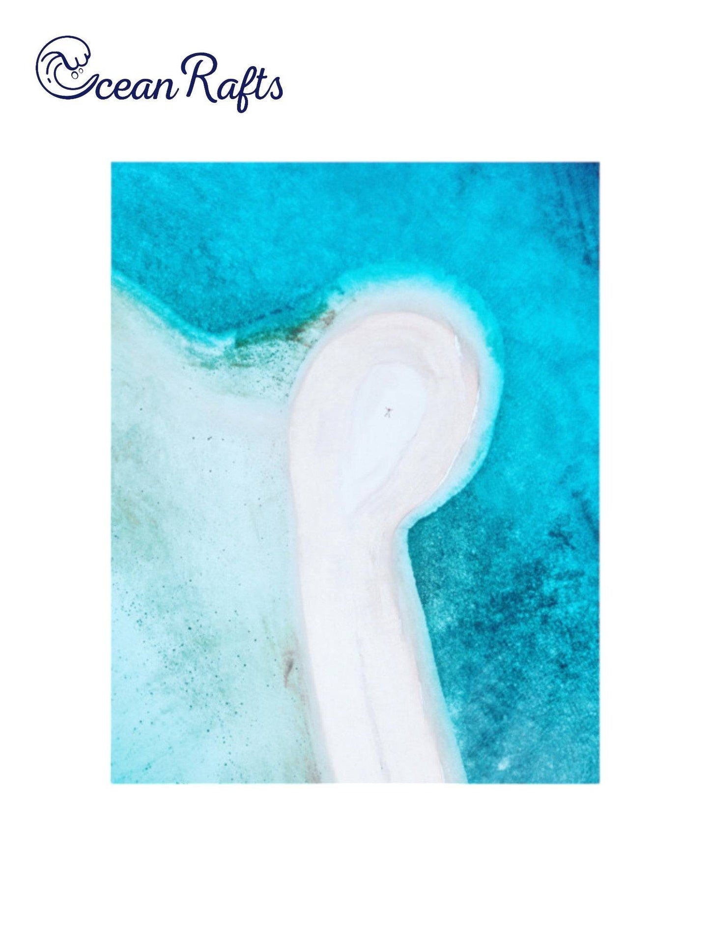 Tranquil Shores Poster - Beach poster image showing a blue shallow beach surrounding a white island of sand with a single person on the island, from birds eye view - Poster canvas new free $30 home decor beach theme | Ocean Rafts