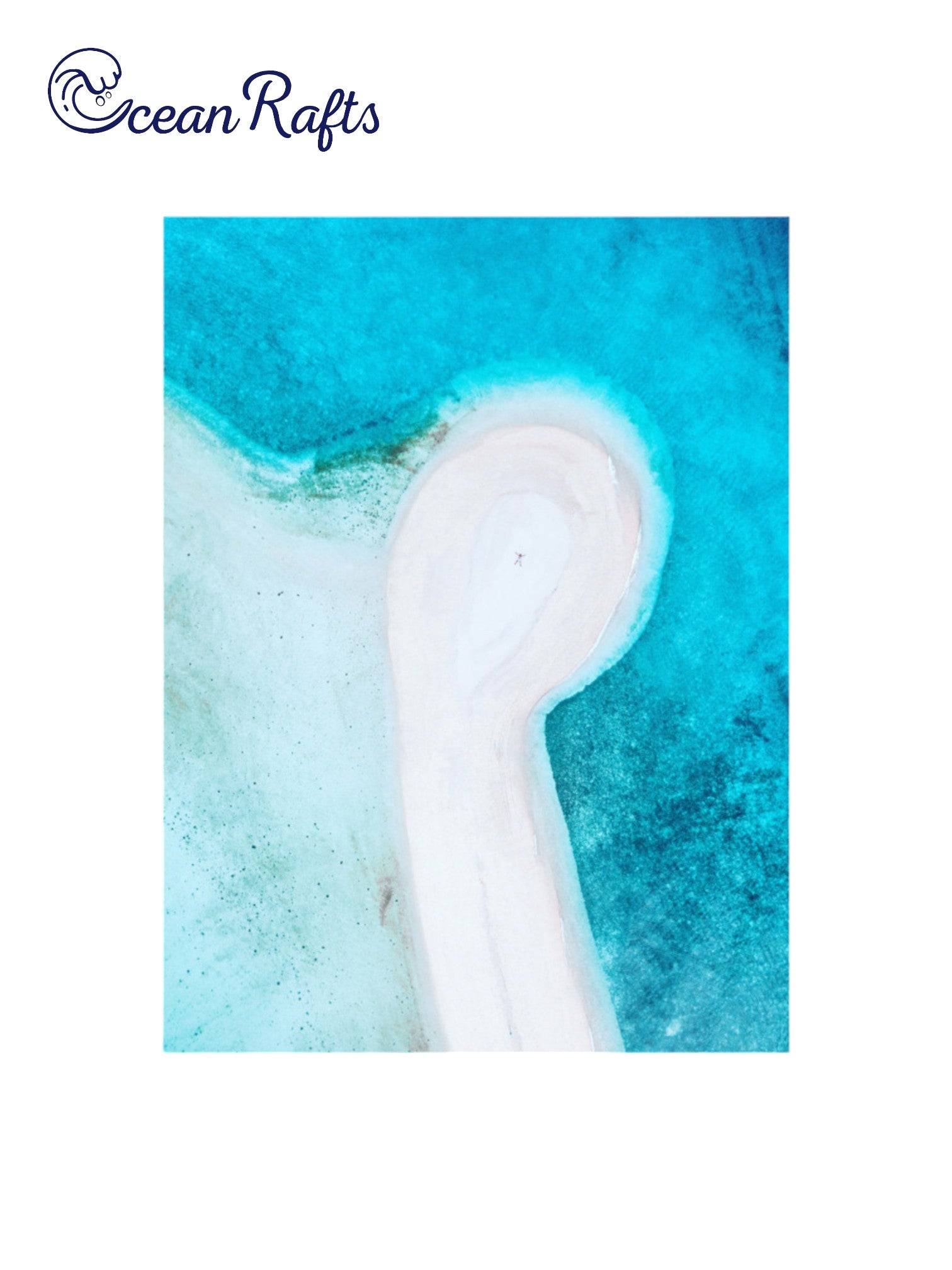 Tranquil Shores Poster - Beach poster image showing a blue shallow beach surrounding a white island of sand with a single person on the island, from birds eye view - Poster canvas new free $30 home decor beach theme | Ocean Rafts