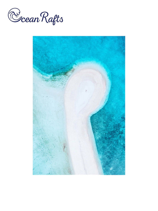 Tranquil Shores Poster - Beach poster image showing a blue shallow beach surrounding a white island of sand with a single person on the island, from birds eye view - Poster canvas new free $30 home decor beach theme | Ocean Rafts