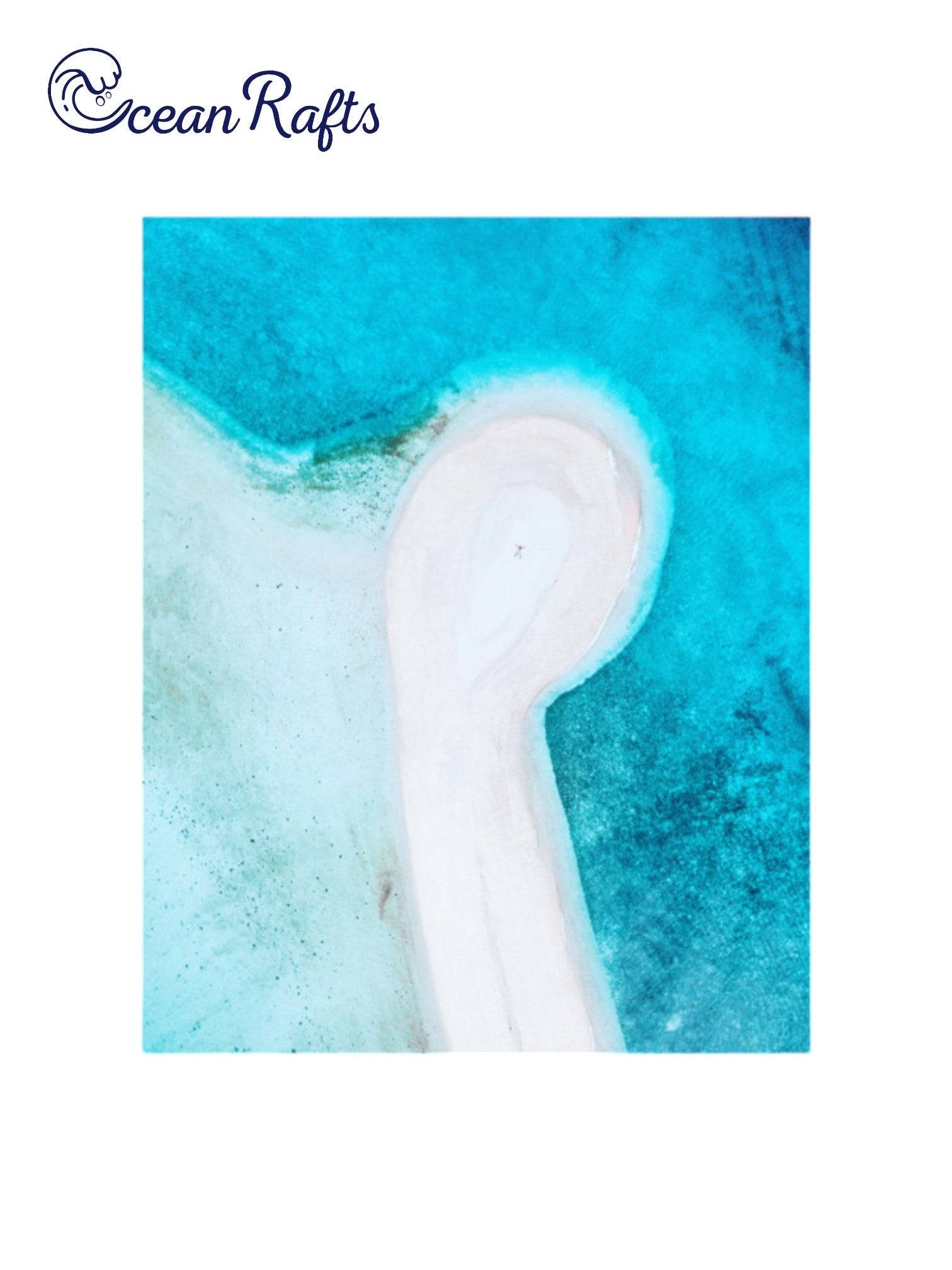 Tranquil Shores Poster - Beach poster image showing a blue shallow beach surrounding a white island of sand with a single person on the island, from birds eye view - Poster canvas new free $30 home decor beach theme | Ocean Rafts